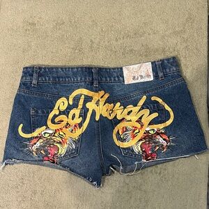 Ed Hardy Distressed Blue Denim Cutoff Shorts with Yellow Logo. Tiger pre loved